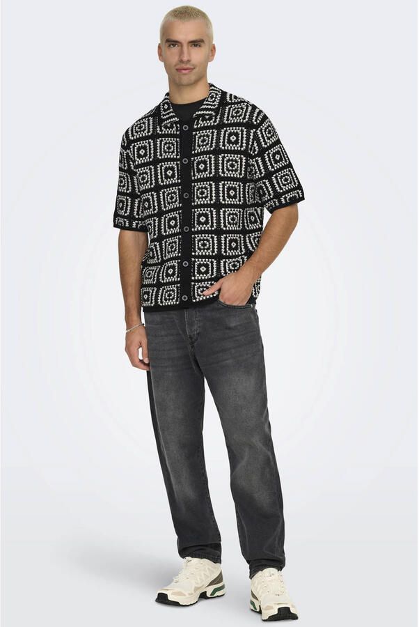 ONLY & SONS loose casual overhemd met ingebreid patroon zwart - Foto 3