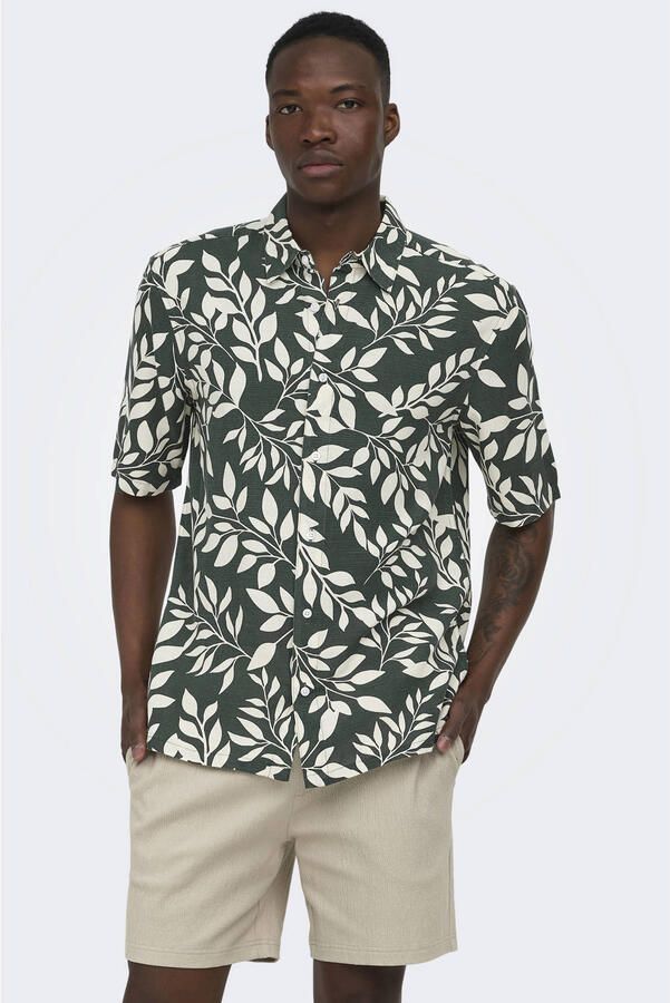 ONLY & SONS regular casual overhemd met linnen groen - Foto 3