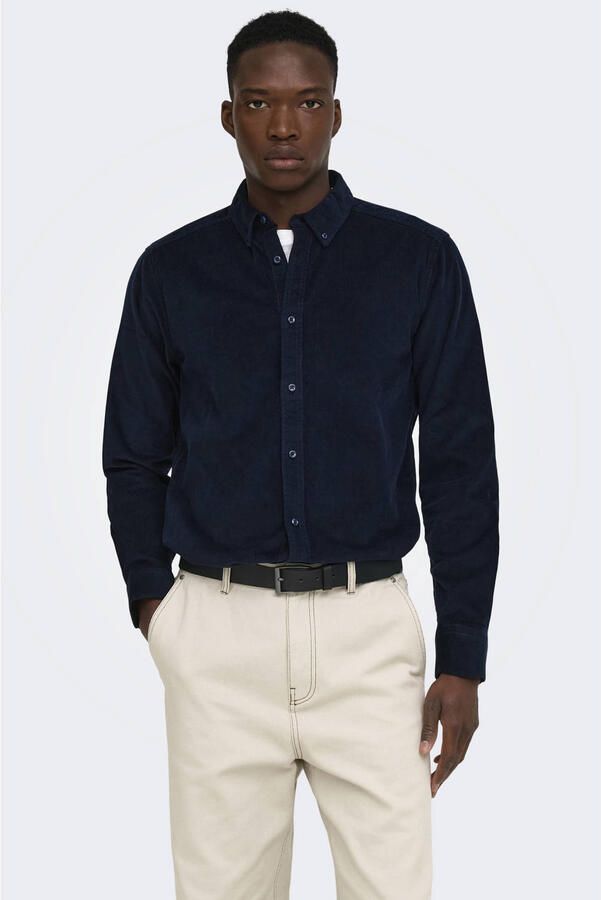 ONLY & SONS regular fit corduroy overhemd donkerblauw