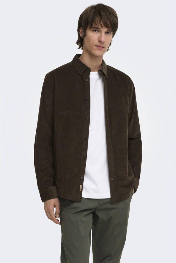 ONLY & SONS regular fit corduroy overhemd donkerbruin