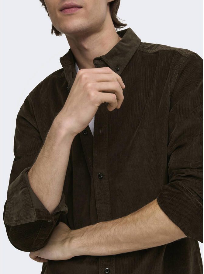ONLY & SONS regular fit corduroy overhemd donkerbruin - Foto 2