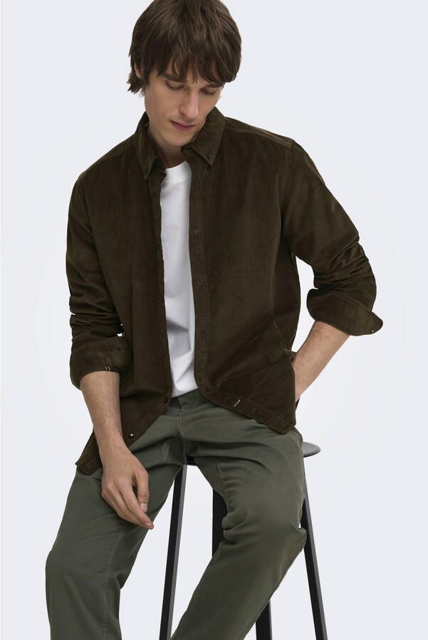 ONLY & SONS regular fit corduroy overhemd donkerbruin - Foto 3