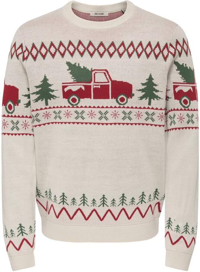 ONLY & SONS regular fit gebreide kersttrui met print ecru