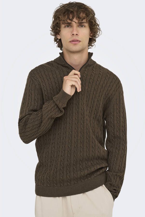 ONLY & SONS regular fit gebreide trui met kabels coffee bean