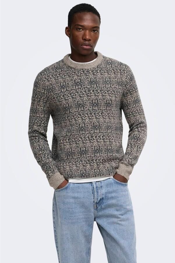 ONLY & SONS regular fit gebreide trui met print en wol grijs