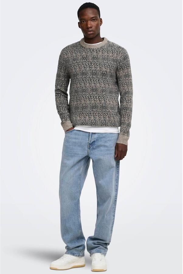 ONLY & SONS regular fit gebreide trui met print en wol grijs - Foto 2