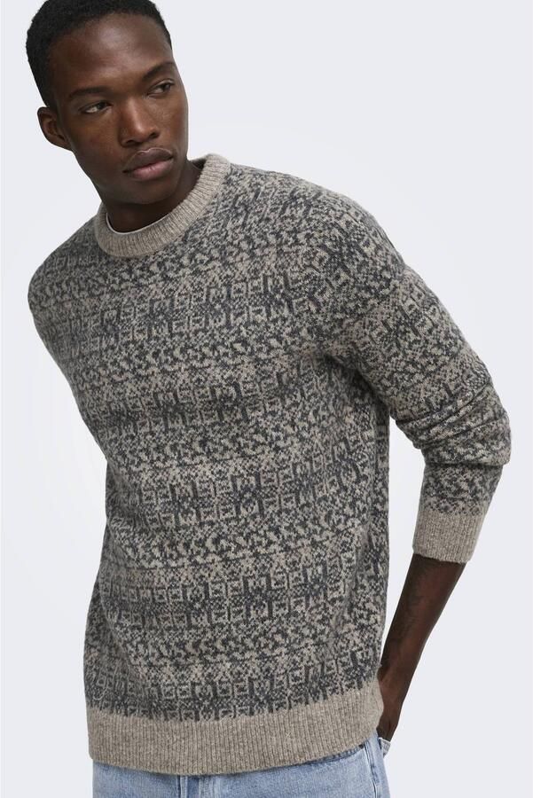 ONLY & SONS regular fit gebreide trui met print en wol grijs - Foto 3