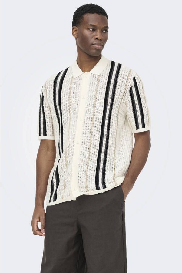 ONLY & SONS regular gestreept casual overhemd gebreid ecru