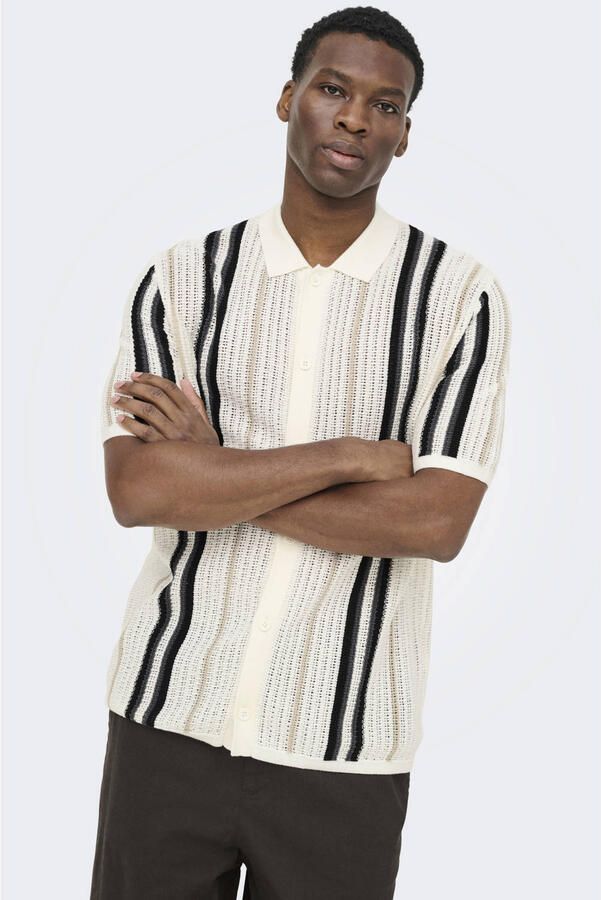 ONLY & SONS regular gestreept casual overhemd gebreid ecru - Foto 3