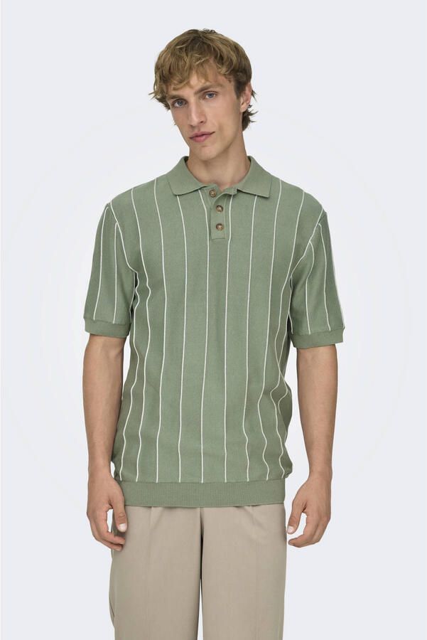 ONLY & SONS regular gestreepte polo fijn gebreid groen