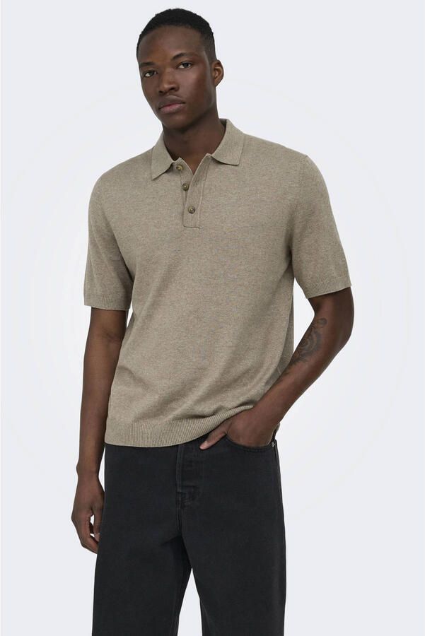 ONLY & SONS regular polo fijn gebreid taupe