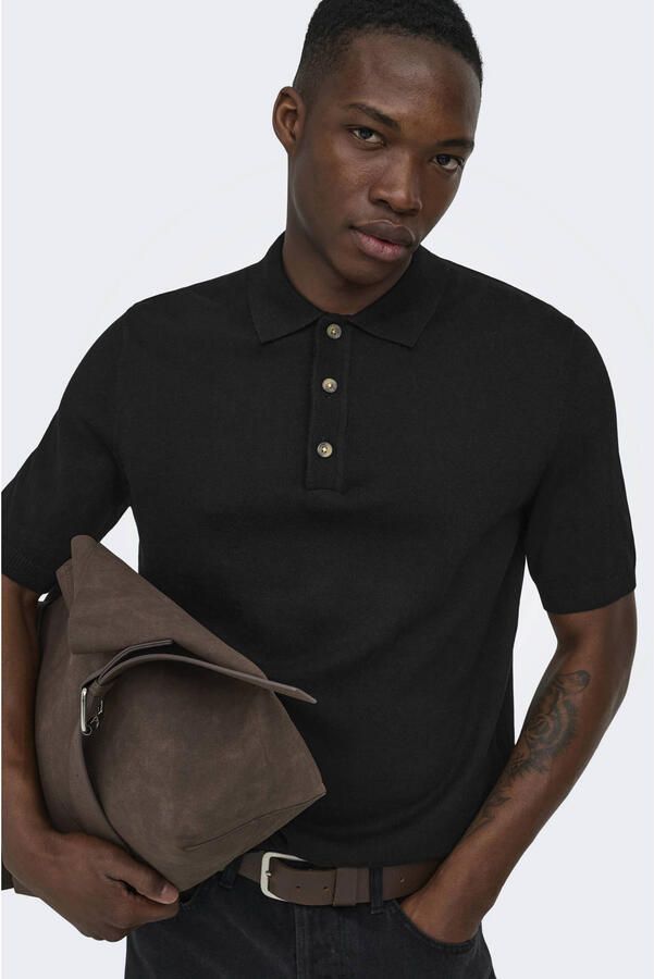 ONLY & SONS regular polo fijn gebreid zwart