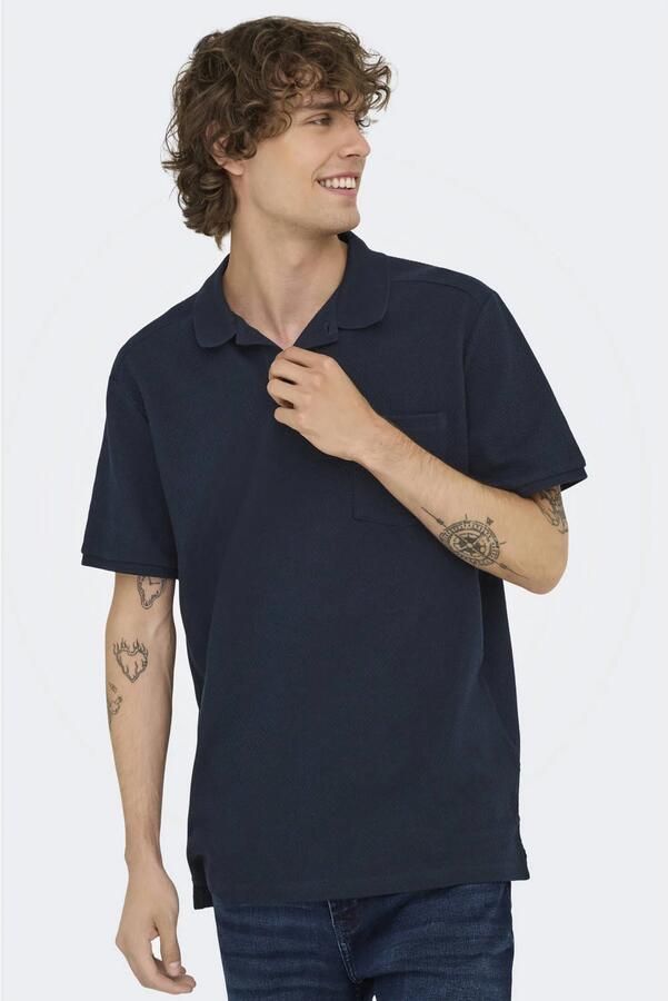 ONLY & SONS regular polo met ingebreid patroon donkerblauw - Foto 3