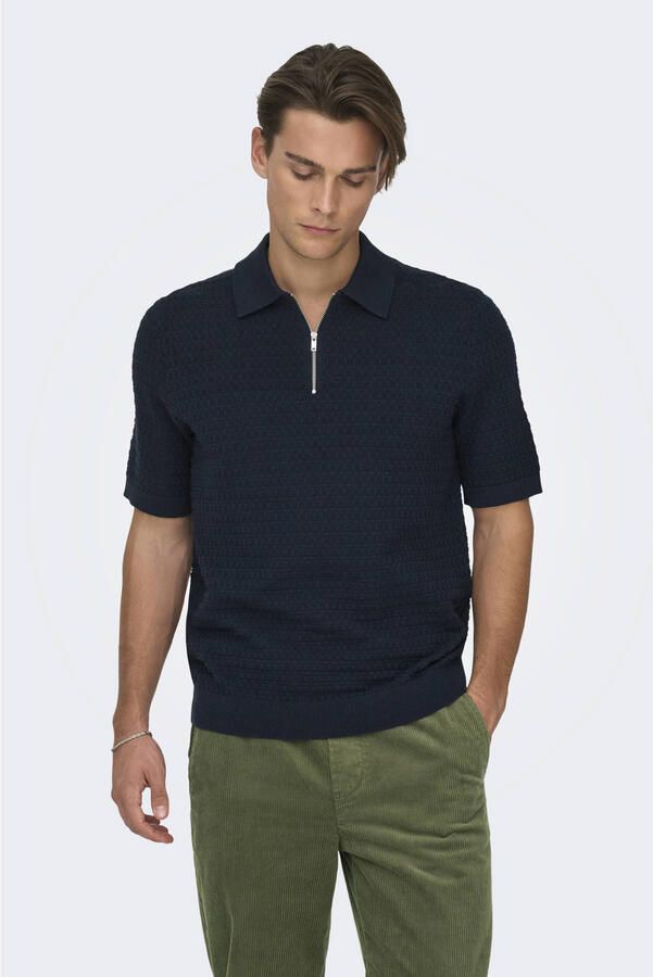 ONLY & SONS regular polo met ingebreid patroon donkerblauw