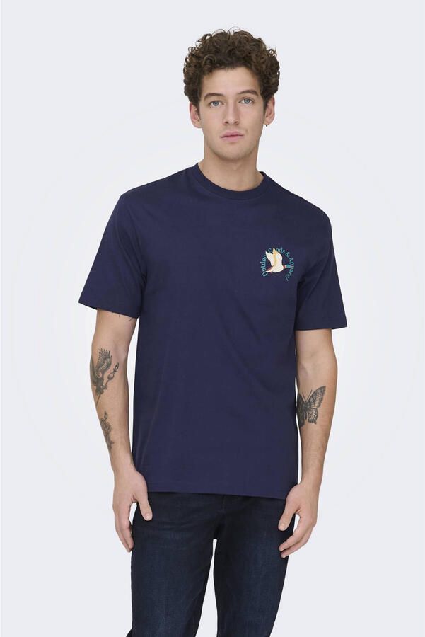 ONLY & SONS regular T-shirt met backprint donkerblauw