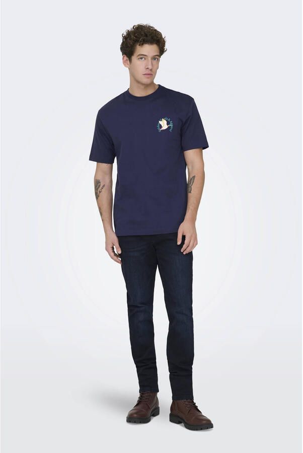 ONLY & SONS regular T-shirt met backprint donkerblauw - Foto 3