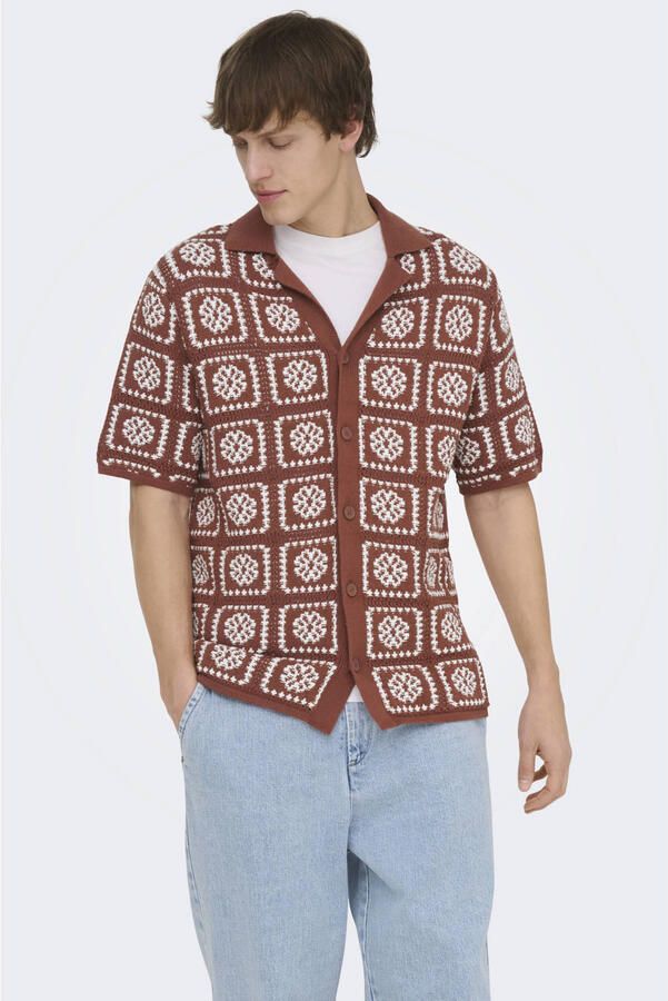 ONLY & SONS relaxed casual overhemd met ingebreid patroon brique