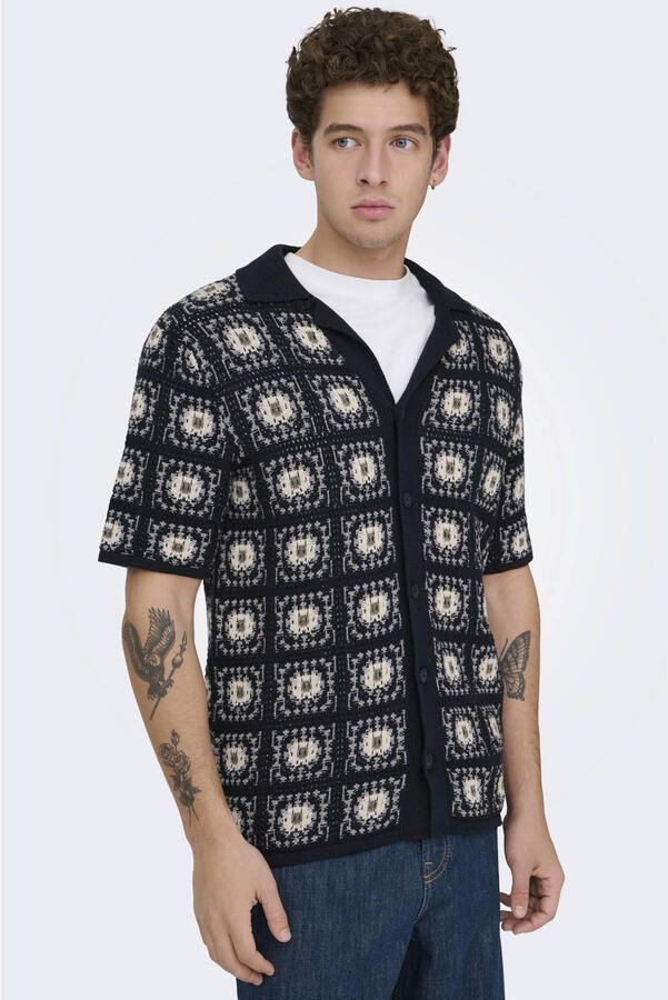 ONLY & SONS relaxed casual overhemd met ingebreid patroon donkerblauw