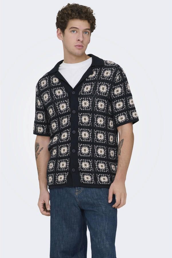 ONLY & SONS relaxed casual overhemd met ingebreid patroon donkerblauw - Foto 3