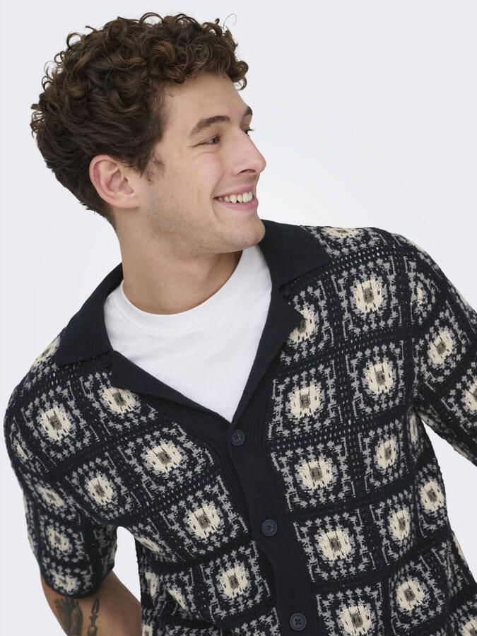 ONLY & SONS relaxed casual overhemd met ingebreid patroon donkerblauw - Foto 2