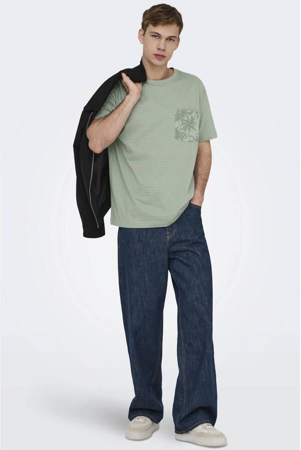 ONLY & SONS relaxed gestreept T-shirt groen - Foto 3