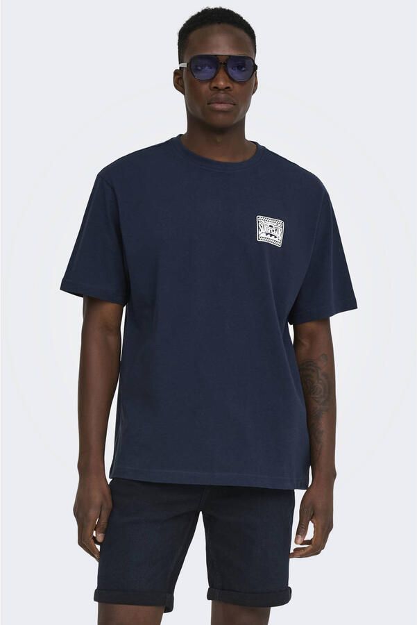 ONLY & SONS relaxed T-shirt met backprint donkerblauw