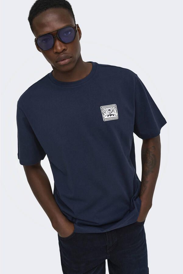 ONLY & SONS relaxed T-shirt met backprint donkerblauw - Foto 3