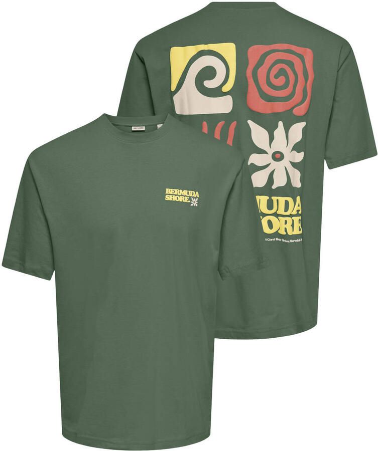 ONLY & SONS relaxed T-shirt met backprint donkergroen