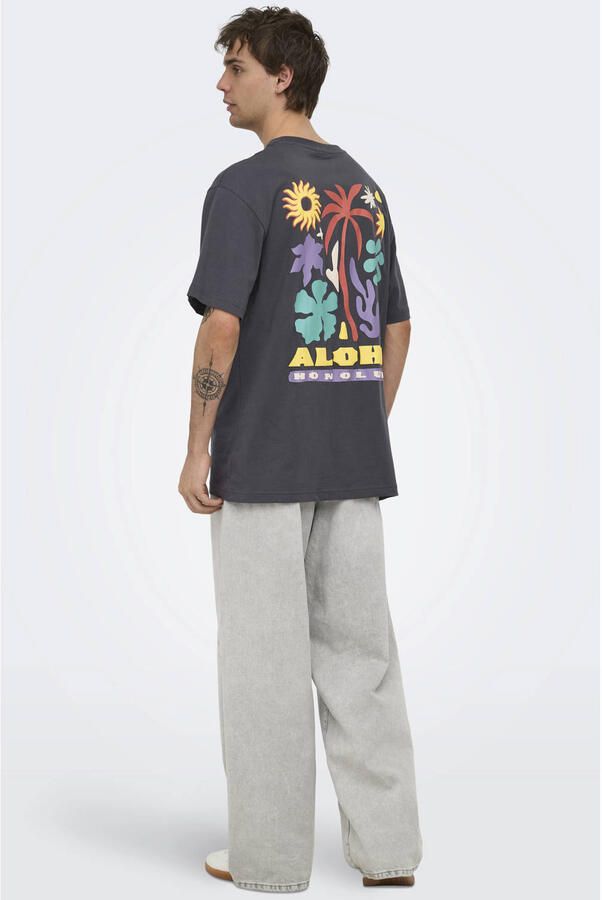 ONLY & SONS relaxed T-shirt met backprint grijs pinstripe - Foto 2