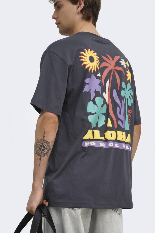 ONLY & SONS relaxed T-shirt met backprint grijs pinstripe - Foto 3