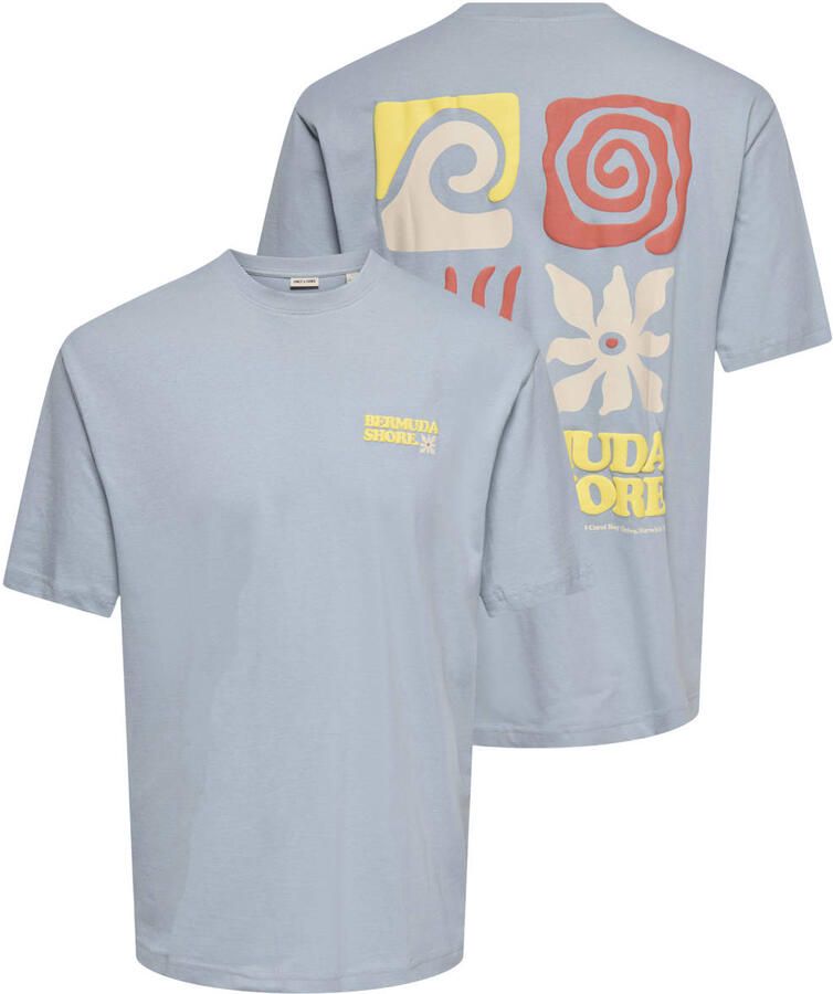 ONLY & SONS relaxed T-shirt met backprint lichtblauw