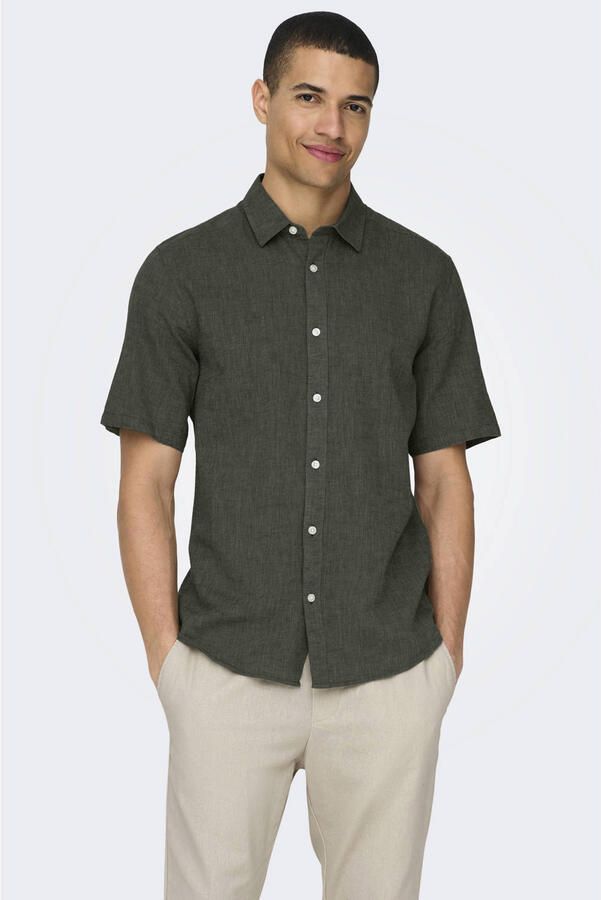 ONLY & SONS slim casual overhemd met linnen donkergroen
