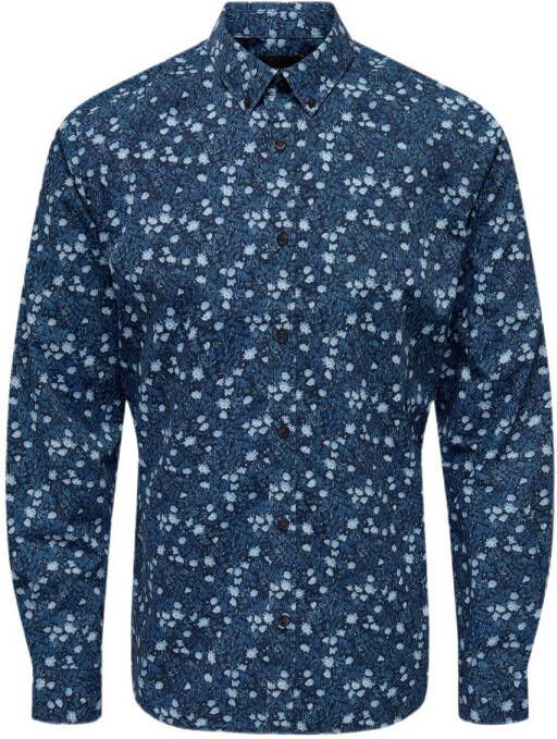 ONLY & SONS slim fit overhemd ONSSKY met all over print blauw