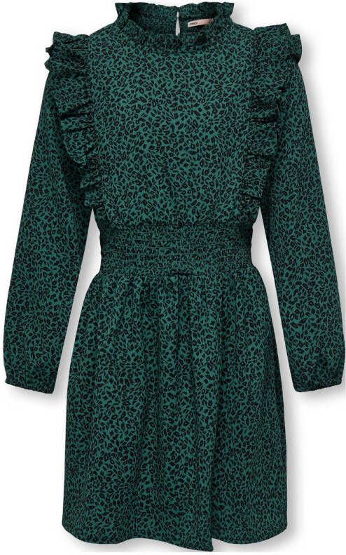 Only KIDS GIRL jurk KOGIDA met all over print en ruches diep donkergroen Meisjes Polyester Opstaande kraag 122