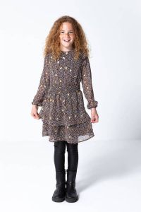 ONLY KIDS GIRL semi-transparante jurk KOGISABELLA met all over print en ruches bruin zwart goud