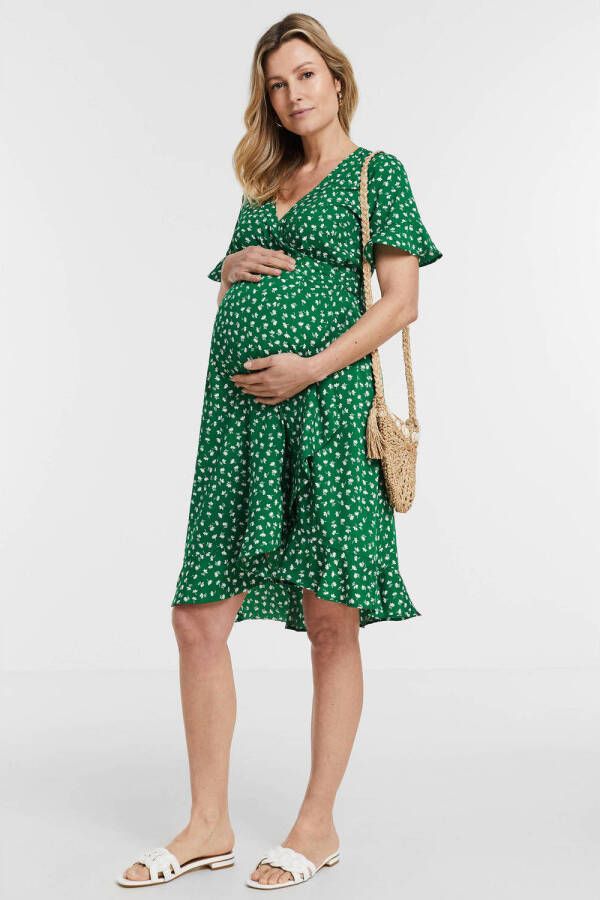 ONLY MATERNITY gebloemde zwangerschaps- en voedingsjurk OLMOLIVIA groen Dames Polyester V-hals XS