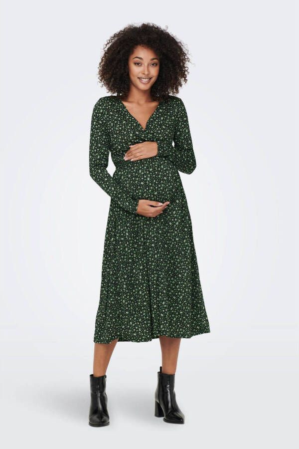 ONLY MATERNITY gebloemde zwangerschaps- en voedingsjurk OLMPELLA zwart groen Dames Polyester V-hals XL