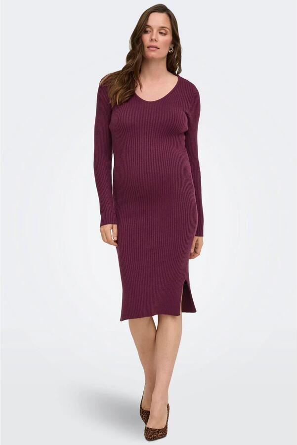 ONLY MATERNITY gebreide zwangerschaps midi jurk donkerpaars Dames Viscose V-hals maat XXL - Foto 3