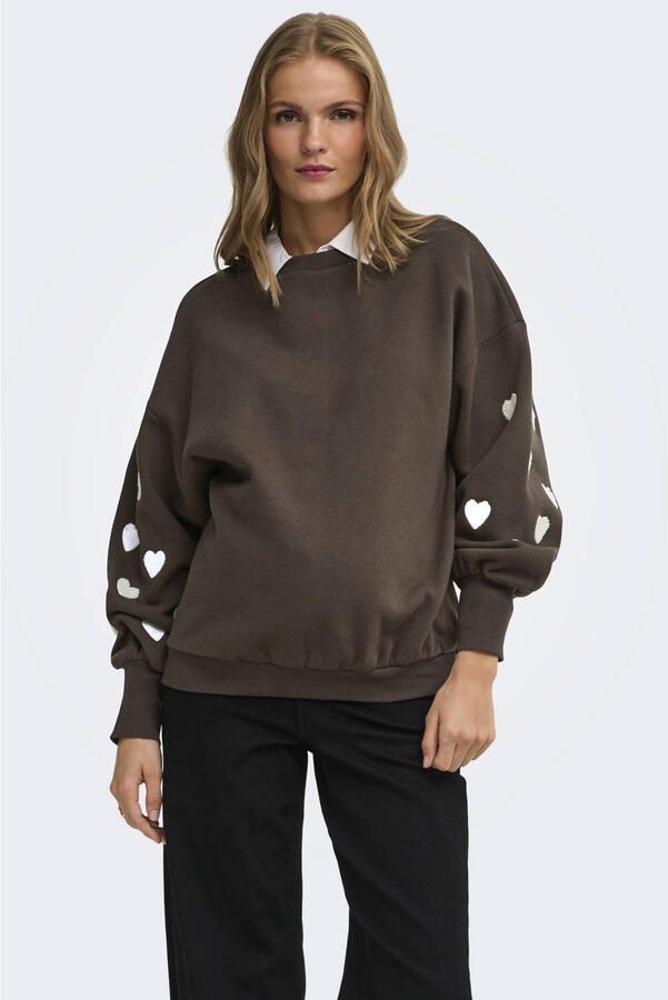 ONLY MATERNITY rechtvallend zwangerschapssweater met borduursels en hartjes bruin Trui maat XXL