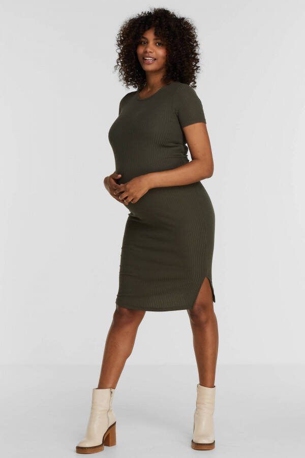 ONLY MATERNITY ribgebreide zwangerschapsjurk OLMNELLA groen Dames Polyester Ronde hals XXL - Foto 2