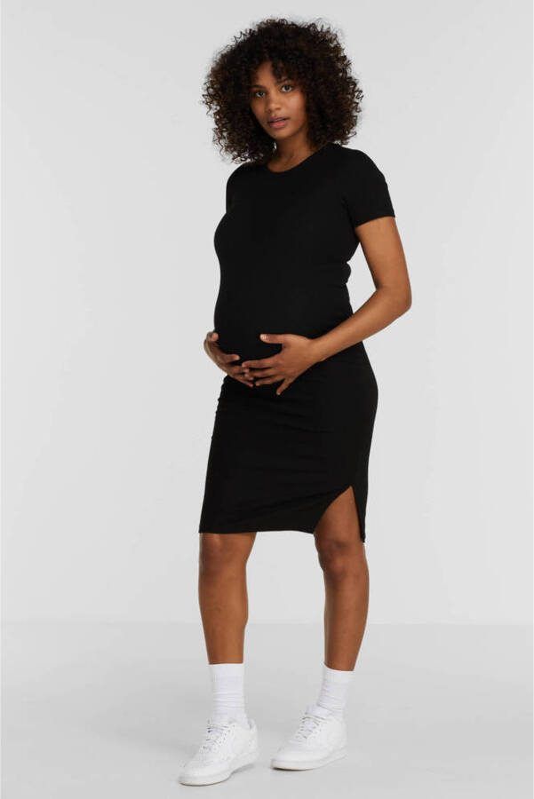 ONLY MATERNITY ribgebreide zwangerschapsjurk OLMNELLA zwart Dames Polyester Ronde hals XXL