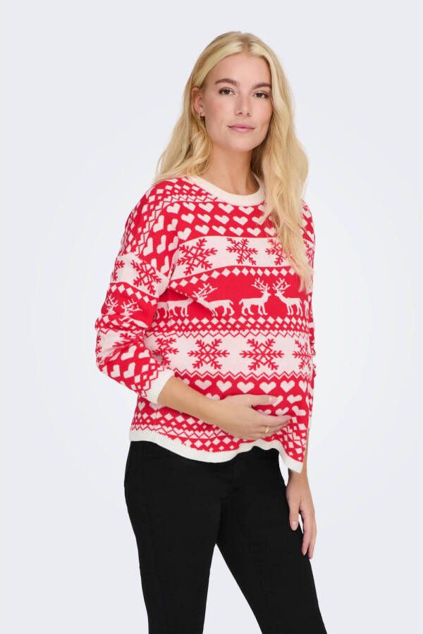 ONLY MATERNITY zwangerschaps kersttrui OLMXMAS rood wit