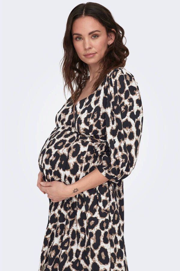 ONLY MATERNITY zwangerschapsjurk OLMOLIVIA met panterprint en volant wit bruin zwart Dames Polyester V-hals S