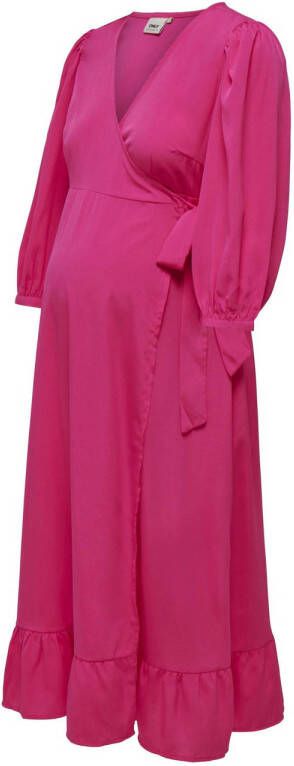 ONLY MATERNITY zwangerschapsjurk OLMOLIVIA met volant fuchsia Roze Dames Polyester V-hals S
