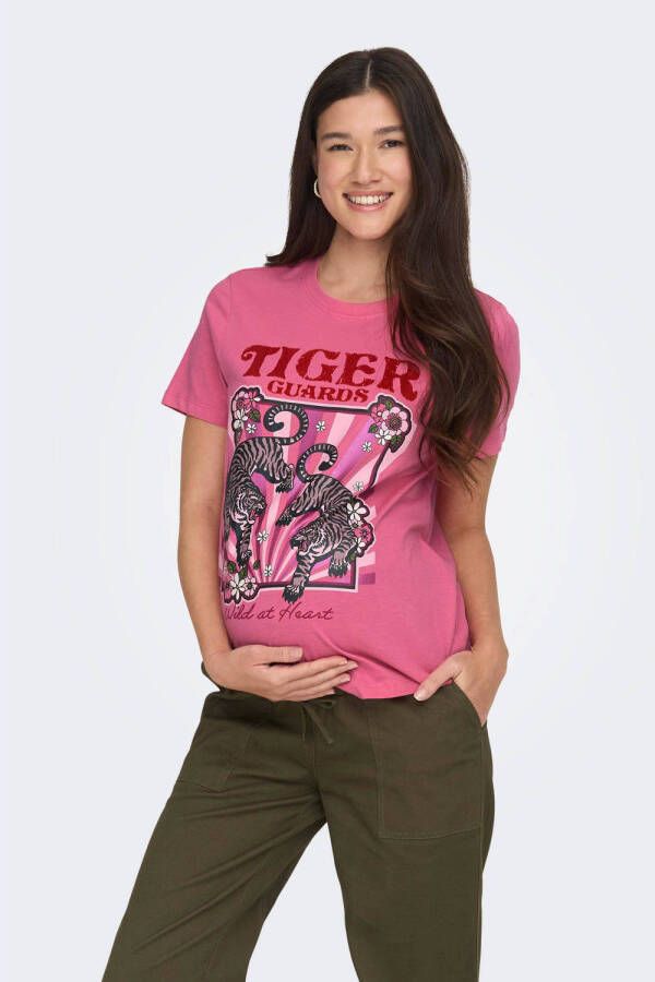 ONLY MATERNITY zwangerschapsshirt OLMLENNI met printopdruk roze T-shirt Dames Katoen Ronde hals S