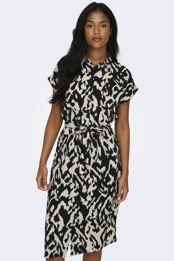 ONLY blousejurk ONLHANNOVER met all over print en ceintuur zwart grijs