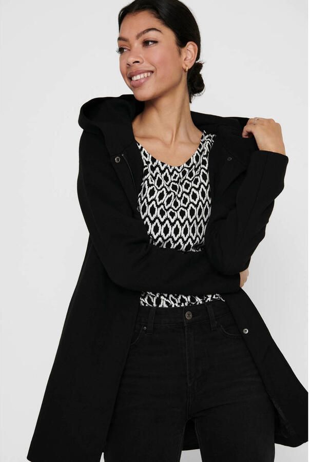 Only Zwarte gedrapeerde jas met capuchon en verborgen sluiting Zwart Dames