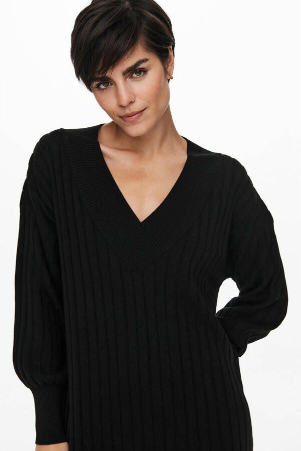 Only Gebreide jurk ONLNEW TESSA L S MIDI V DRESS met diepe v-hals met brede bies