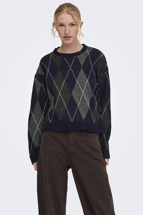 ONLY gebreide trui met wol donkerblauw donkergroen grijs