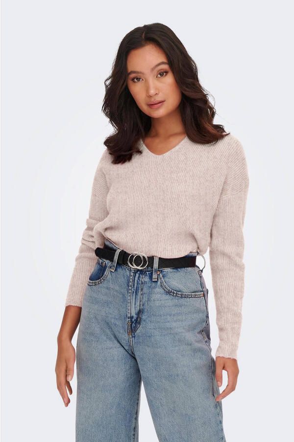 Only Onlcamilla V-Hals L S Pullover Knt: Pumice Stone MELANGE | Freewear Print Beige Dames - Foto 3